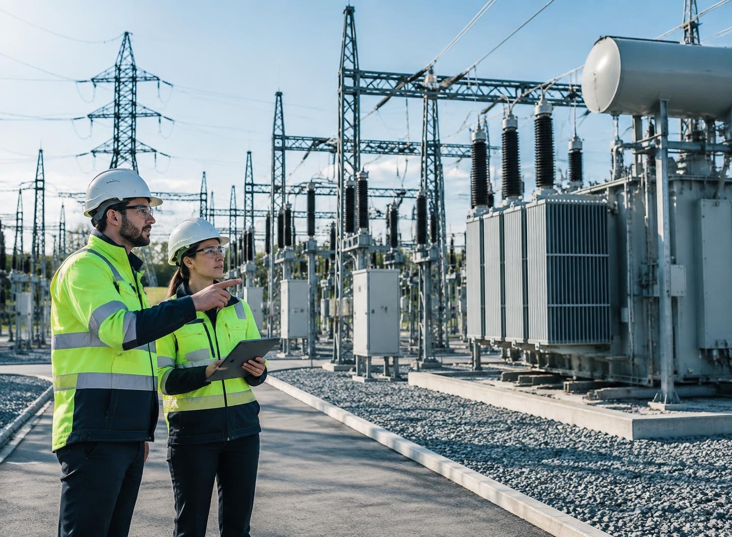 Especialistas inspeccionando equipos de una subestación eléctrica