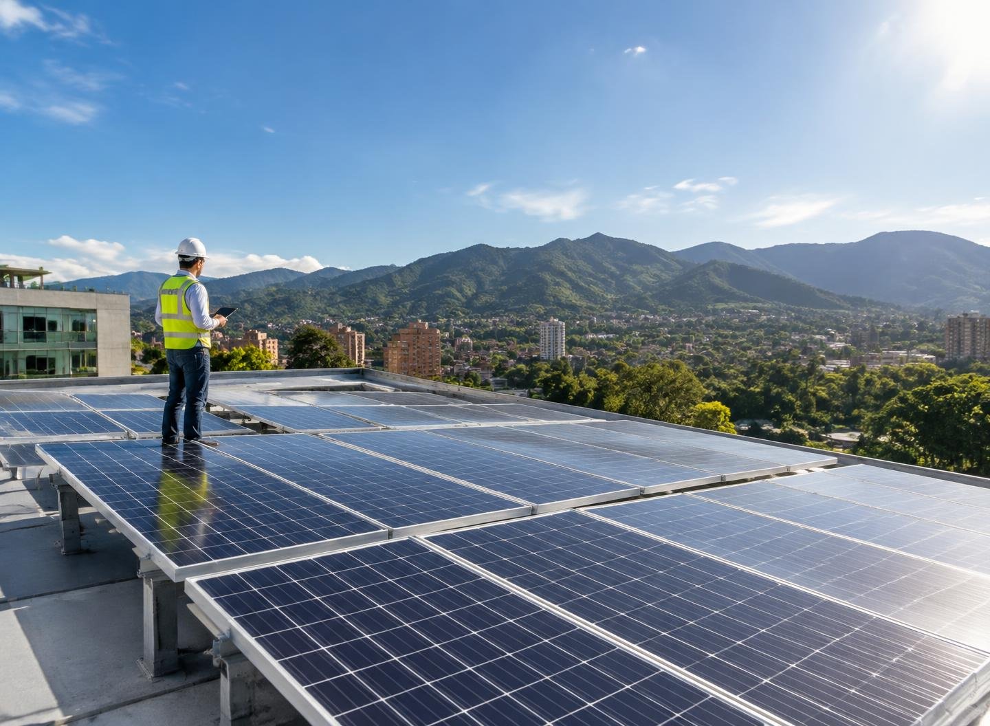 Ingeniero evaluando paneles solares en una cubierta comercial